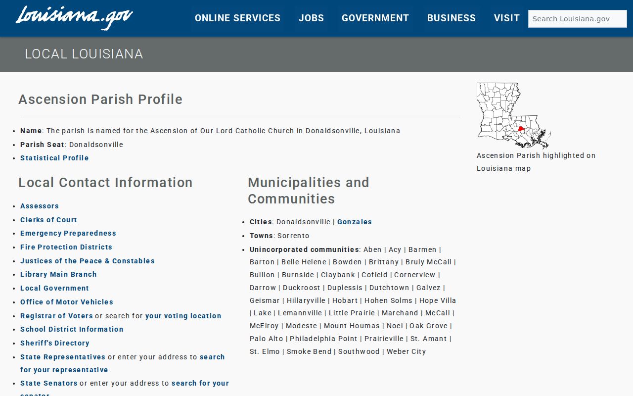 Official Louisiana profile identifying Prairieville within Ascension Parish