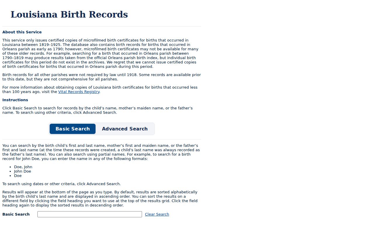 Louisiana historical birth index search for confirming a Prairieville household trail