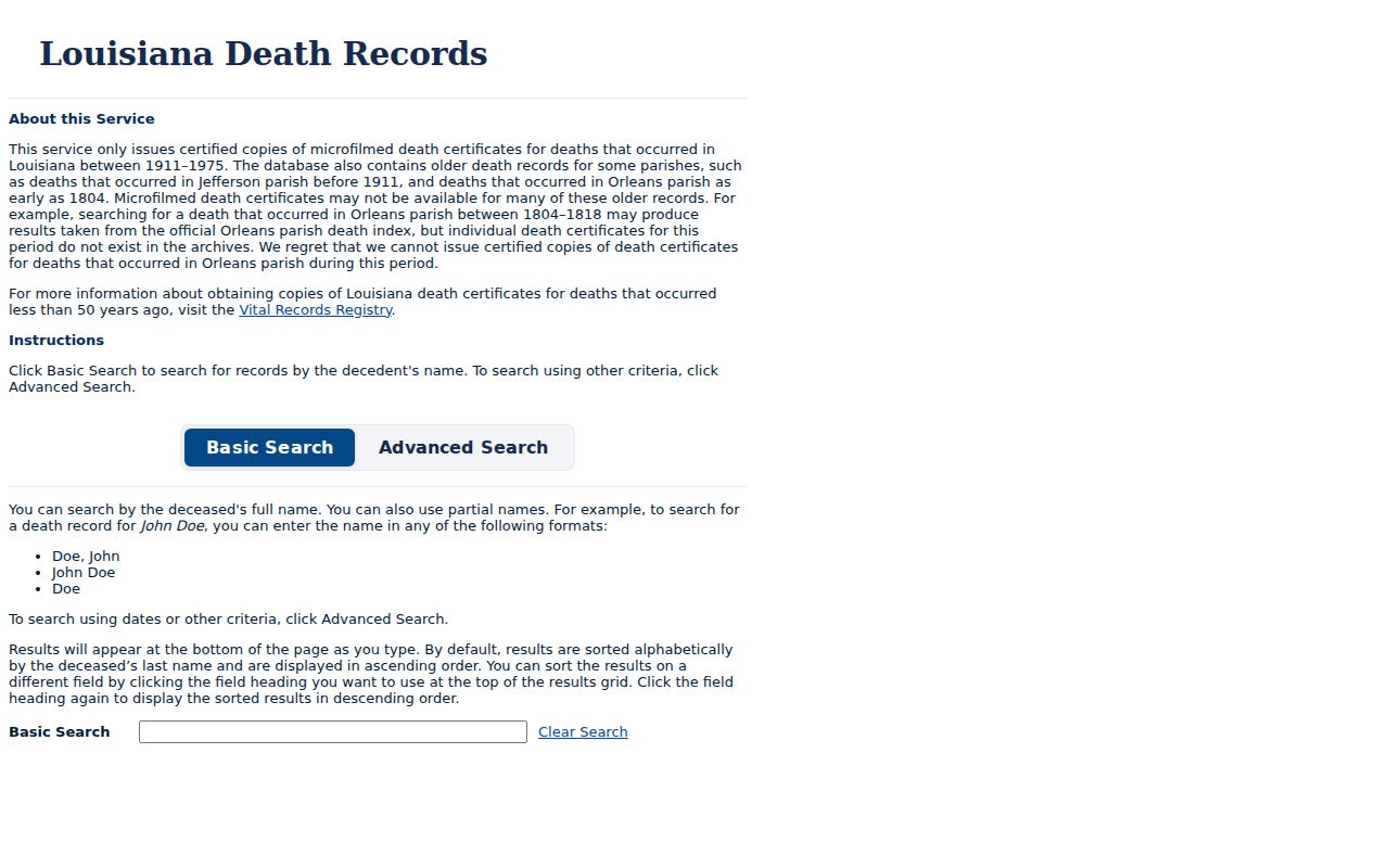 Louisiana historical death index used to extend Prairieville previous-resident research