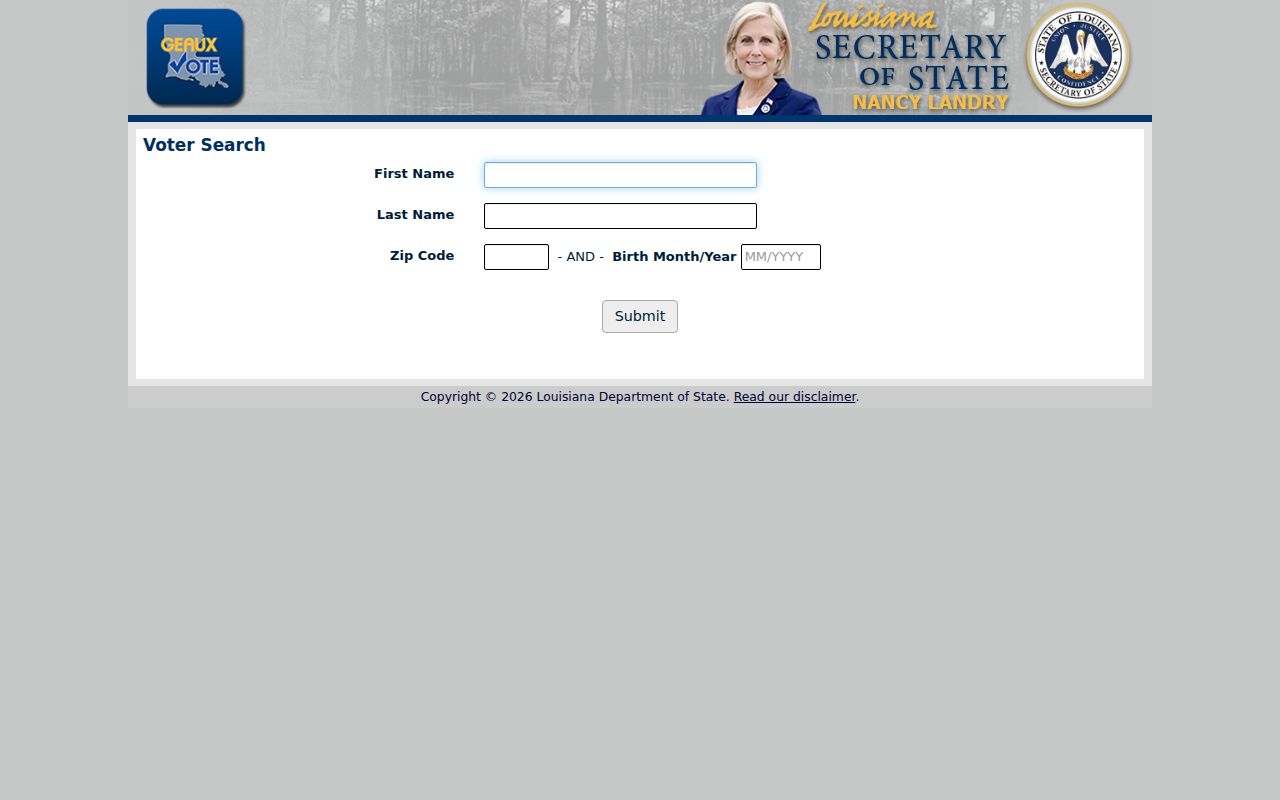Louisiana voter name form for a Prairieville resident lookup