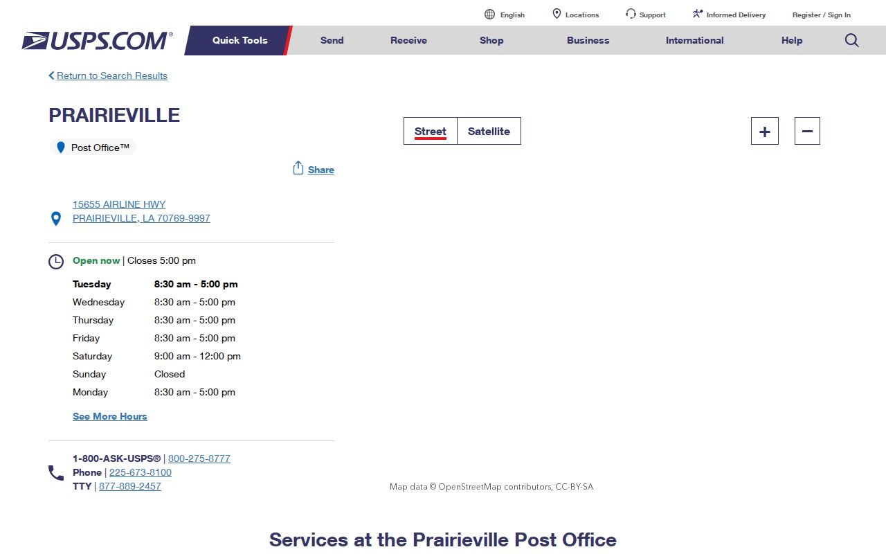 USPS Prairieville Post Office listing for ZIP code 70769